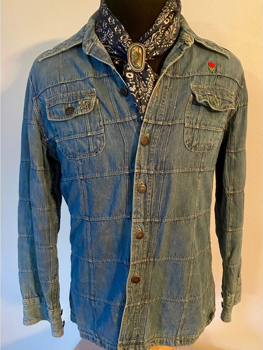 Vintage 70s Brittania Denim Shirt Jacket XL Fits M/L Horse Sh*t Badge Hong Kong